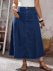 Women's Plus Size Denim Skirt, Long Zip Closure, Natural Waist, Loose-Fitting, Fall Casual Style, High Elastic Comfort Fabric