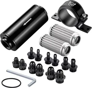 10 Micron All-In-One Fuel Filter Kit with 6AN, 8AN, 10AN, 1/2", 3/8", 5/16" Barb Adapters, Universal Aluminum w/Extra Replacement Filter Element & 50MM Mounting Bracket