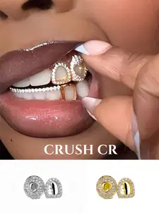 CRUSH CR 18K Gold Plated Sparkling Iced Out Heart Tooth Grillz Caps for Women Content Creators, Double-Layer CZ Paved Design with Hollow Heart Accents, Ideal for TikTok Tutorials, Instagram Reels, Music Video Sets, Club Nights, Teeth Cover Girls