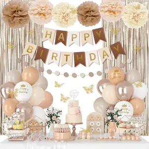 Birthday Decorations for Women Girls, White Sand Gold Confetti Metallic Printed Balloons Butterfly Stickers Fringe Curtain Happy Birthday Banner Circle Dots Paper Pompoms Party Decor Supplies
