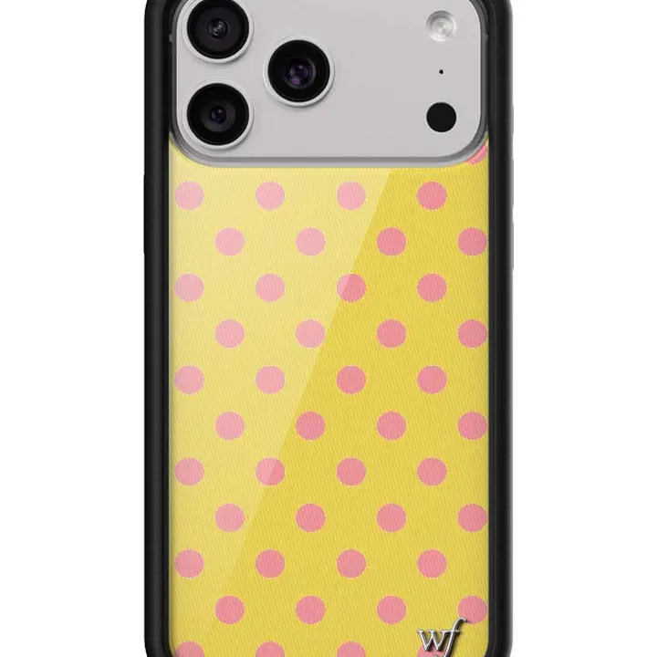 Wildflower Cases Limited Edition Custom Durable Protective Smartphone Case - Trendy Collab, Yellow Background with Baby Pink Polka Dots, Raised Black Shockproof Bumper, iPhone 15 Fit, Accessories for Women, Women-Owned Small Business, Gift for Her