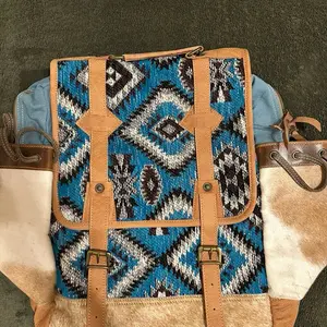 Western Style Woman's Bag with Blue and White Aztec Pattern and Tan Leather Accents