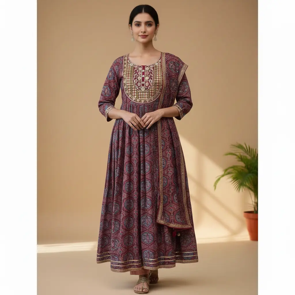 3-Piece Ethnic Ensemble Maroon & Blue with Stunning Embroidery Details (3PS-10) Sizes 42&44