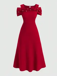 Teenage Girls Summer New Fashion Chic Elegant Princess Dress Pearl Decoration French off Shoulder Bow Long Dress Formal Wear for Party School Activities Elegance