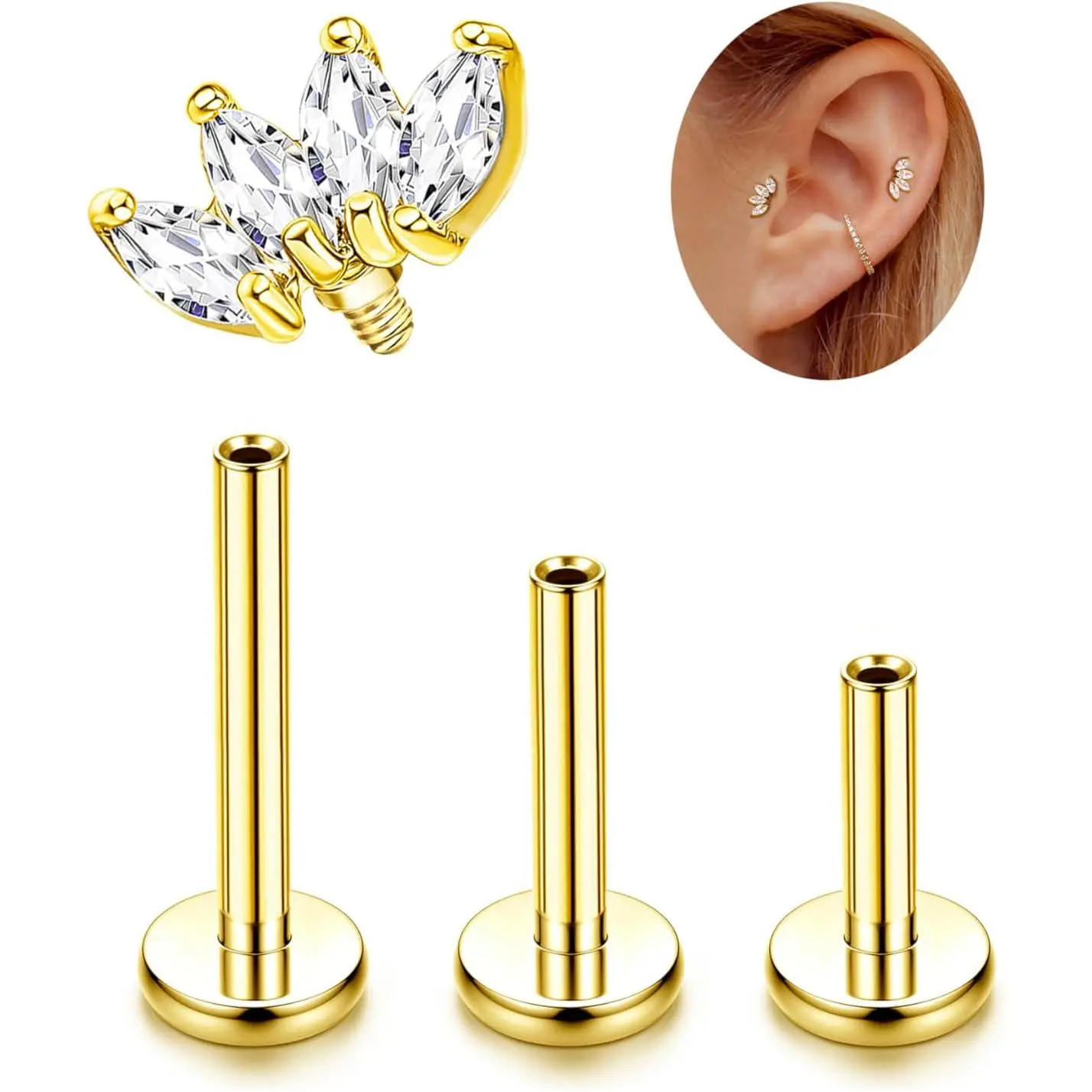 16G G23 Titanium Tragus Conch Helix Piercing  6mm 8mm 10mm - Internally Threaded Flat  Stud Cartilage Earrings  Forward Earlobe Monroe Labret Tragus Piercing