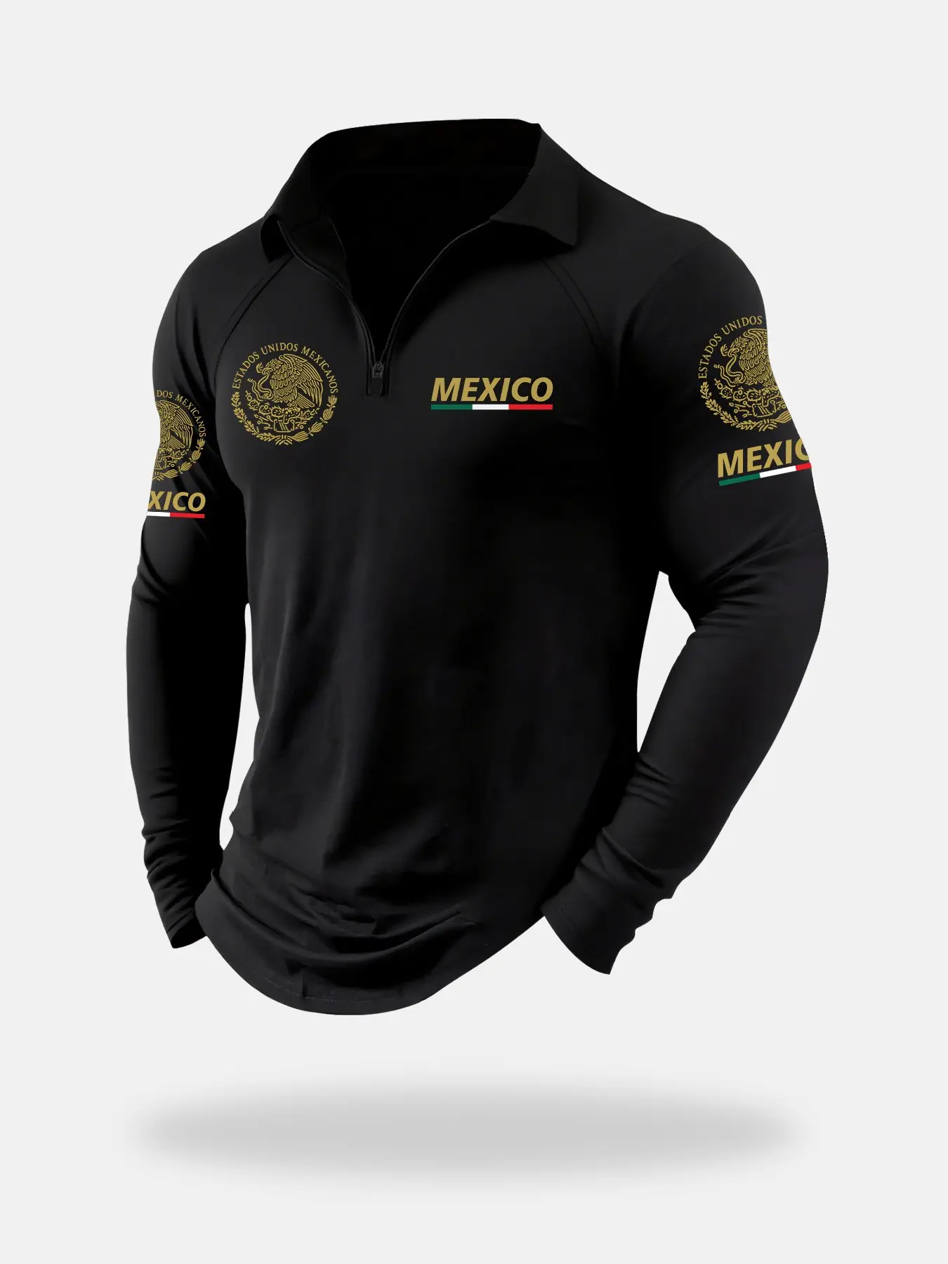 Men's Mexico National Emblem Printed Graphic Long Sleeve Polo Shirt, Breathable Comfort, Casual Sports, Fitted Quarter-Zip Athletic Top, All Seasons Wear