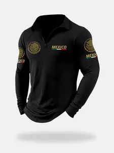 Men's Mexico National Emblem Printed Long Sleeve Polo Shirt, Breathable Comfort, Casual Sports, Fitted Quarter-Zip Athletic Top, All Seasons Wear