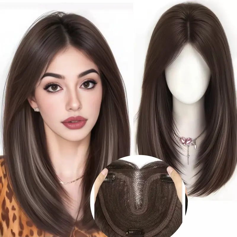 Women's Female Collar-Length Machine Made Synthetic Lace Front Silky Straight Hair Wig - Heat Resistant, Clip-In Design, No Hair Net Needed, Top Coverage, Volume Boost, Fluffy Layers, Highlighted, Natural Look, Stylist Friendly