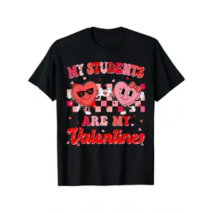 My Students Are My Valentines Day Teachers T-Shirt - Fun Cartoon Heart Design, Short Sleeve, Perfect for Casual Outings & Outdoor Activities