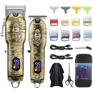 AMULISS Professional Hair Clippers for Men, Cordless Barber Clippers & T-Blade Trimmer Set, Vintage-Engraved Hair Cutting Kit with LCD Display & USB Charging, Complete Barber Tool Gift Set for Fathers & Boyfriends