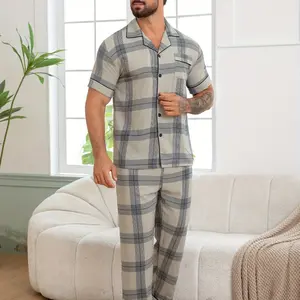 2pcs Men's Plaid Full-Print Collared Cardigan and Pants Pajama Set