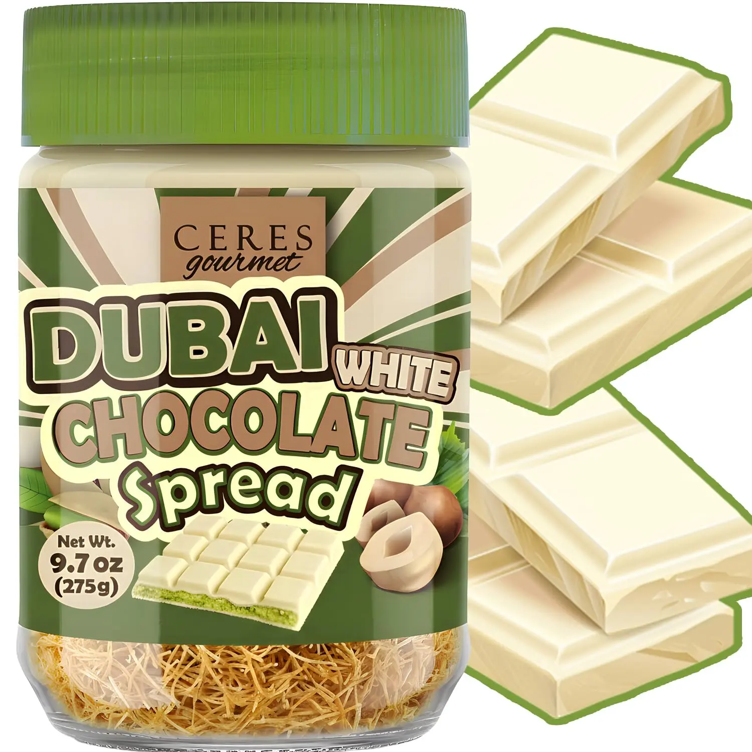 Ceres Gourmet Dubai Spreadable Chocolate– Pistachio Spread with Roasted Phyllo Kataifi, Gourmet Breakfast Choco, Crunchy Dubai Filling (9.7 Oz)