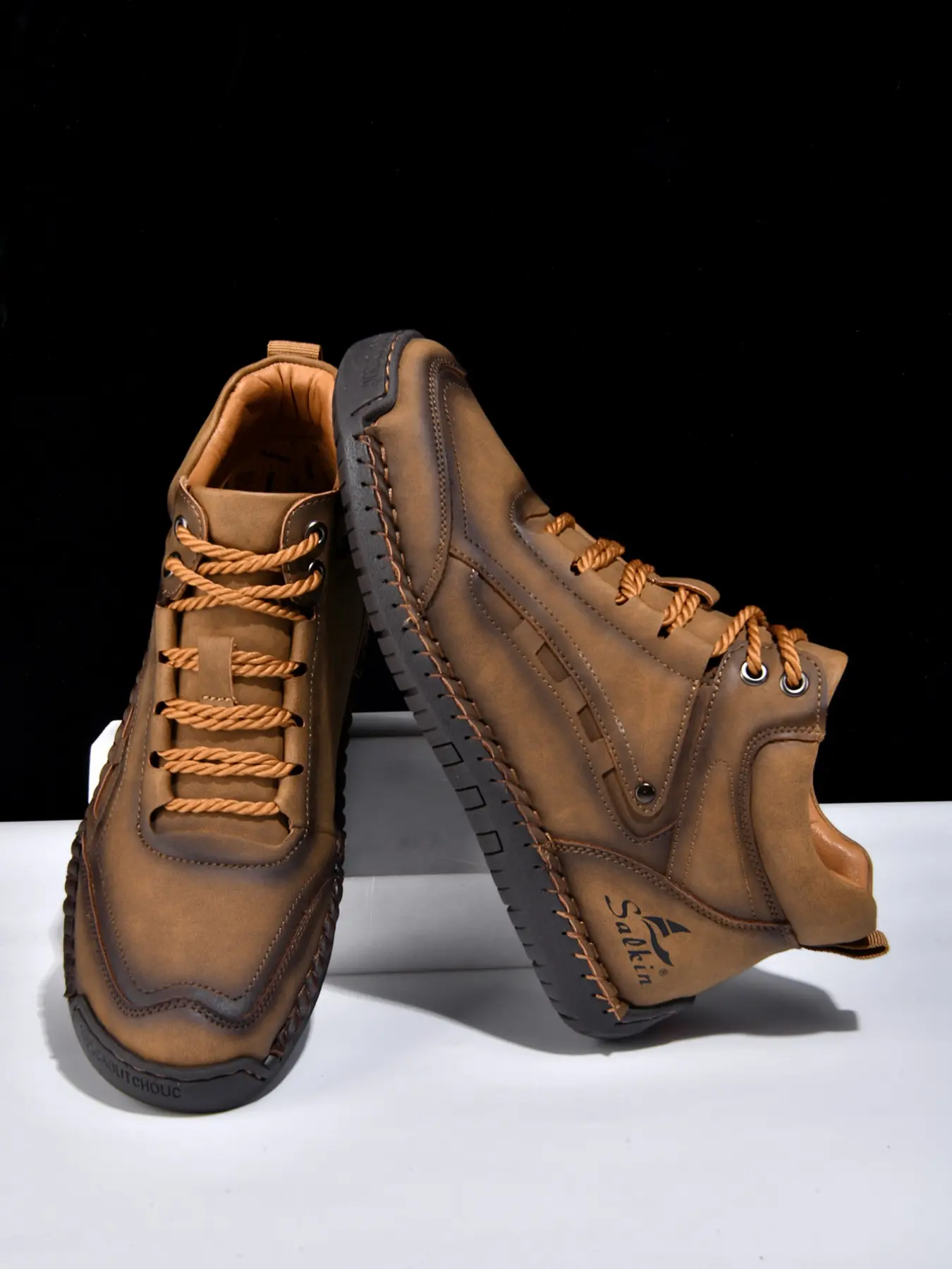 Men's Fashion Casual Shoes, Large Size Hand-Stitched PU Leather High-Top Boots, Ankle Casual Boots, Outdoor Sports Shoes, Walking Shoes, Comfortable Soft Sole Anti-Slip