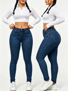 Women's  High-Waisted Dark Wash Skinny Jeans - Elastic Slimming Fit Everyday Womenswear Bottoms