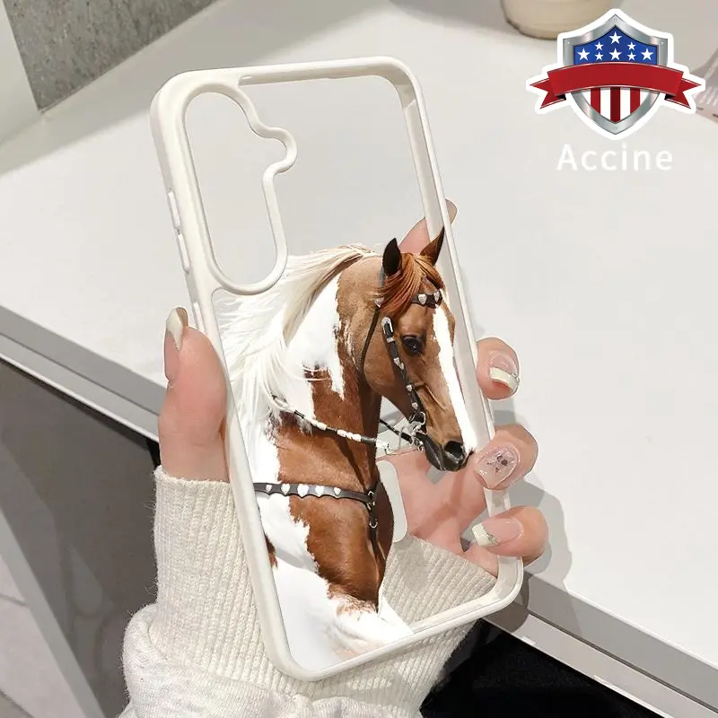 Magsafe Case Compatible with Galaxy S23 Ultra S24 Plus S25 S22+ FE Majestic Horse Grace Pattern Acrylic Transparent Anti-Scratch wireless charging compatible Phone Back Cover for Male, Smartphone, Handheld