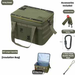 Outdoor Camping Equipment Foldable Cooler & Tactical Storage Bag Set - 11.1gal Collapsible Cooler, 9.51gal Compact Storage with Tabletop, Detachable Shoulder Strap, 3 Aluminum Hooks, 3 Bungee Cords, Insulated Picnic Tote for Camping, Car Trunk