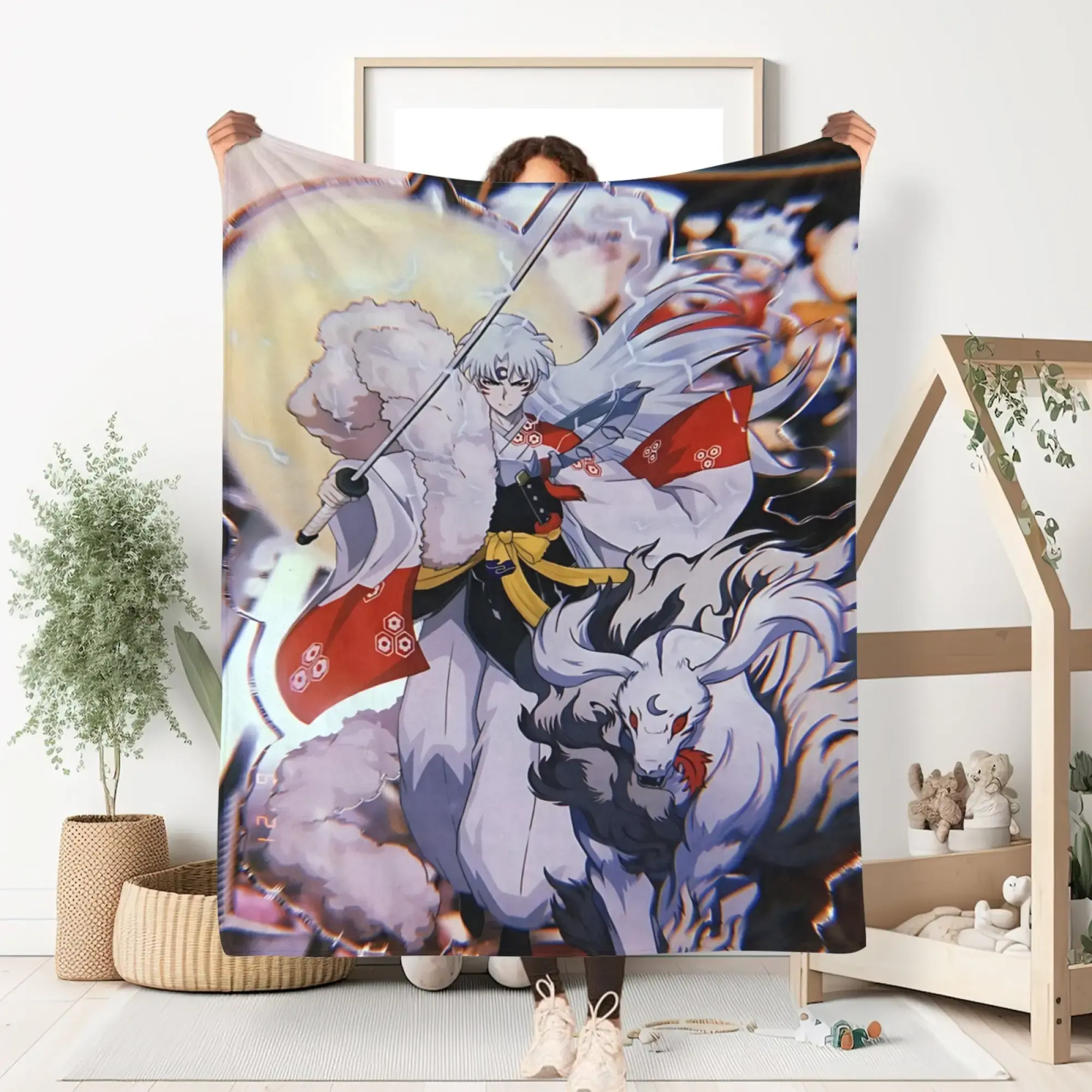 Ultra Soft Sesshomaru Inuyasha Demon Wolf Form Fleece Throw Blanket - Warm Cozy Vintage 90s Anime Flannel Blanket For Couch Bed Gaming Room - Perfect Birthday Christmas Valentine’s Day Gift For Otaku Manga Anime Lovers