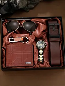 5pcs Men's Quartz Watch Set with Wallet, Glasses, Wide Belt, Keychain, Accessories Set, Perfect Gift for Father's Day, Thanksgiving, Birthday, Party