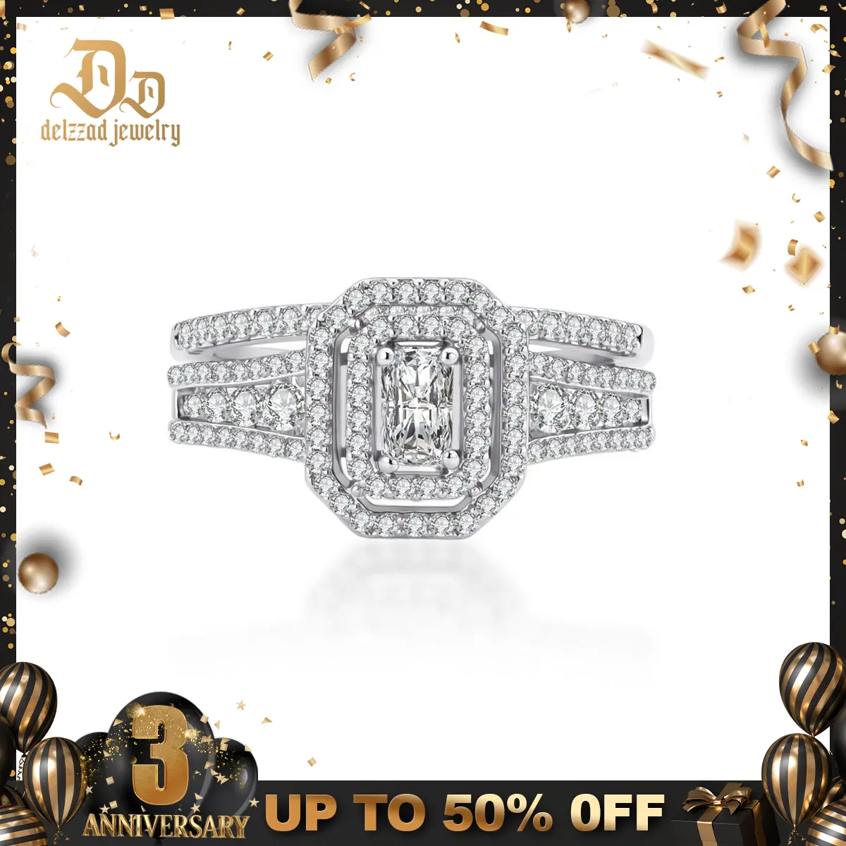 Delzzad 14K Gold-Plated 1.3ct Imperial Halo Band Double Halo Engagement Ring Luminous Theater Ring Heirloom Wedding Ring VVS Synthetic Moissanite Ring Jewelry Perfect Engagement Wedding Anniversary Christmas Gift