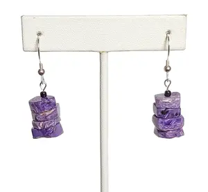 Stacked Purple Charoite Chip Earrings with Sterling Silver Hooks