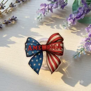 America Patriotic Bow Phone Grip With Red White Blue Stars And Stripes Cherry Charm Independence Day Cute Glitter USA Phone Stand Accessory For iPhone