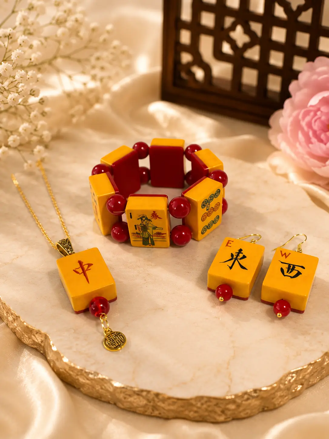 Cherry-Backed Bakelite Mah-Jongg Jewelry Set – Necklace, Earrings & Bracelet
