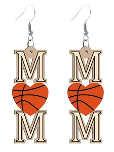 Basketball & Letter Design Wooden Dangle Earrings, Heart Shape Earrings, Fashionable Jewelry for Women & Girls, Trendy All-match & Exquisite Jewelry for Birthday Gift