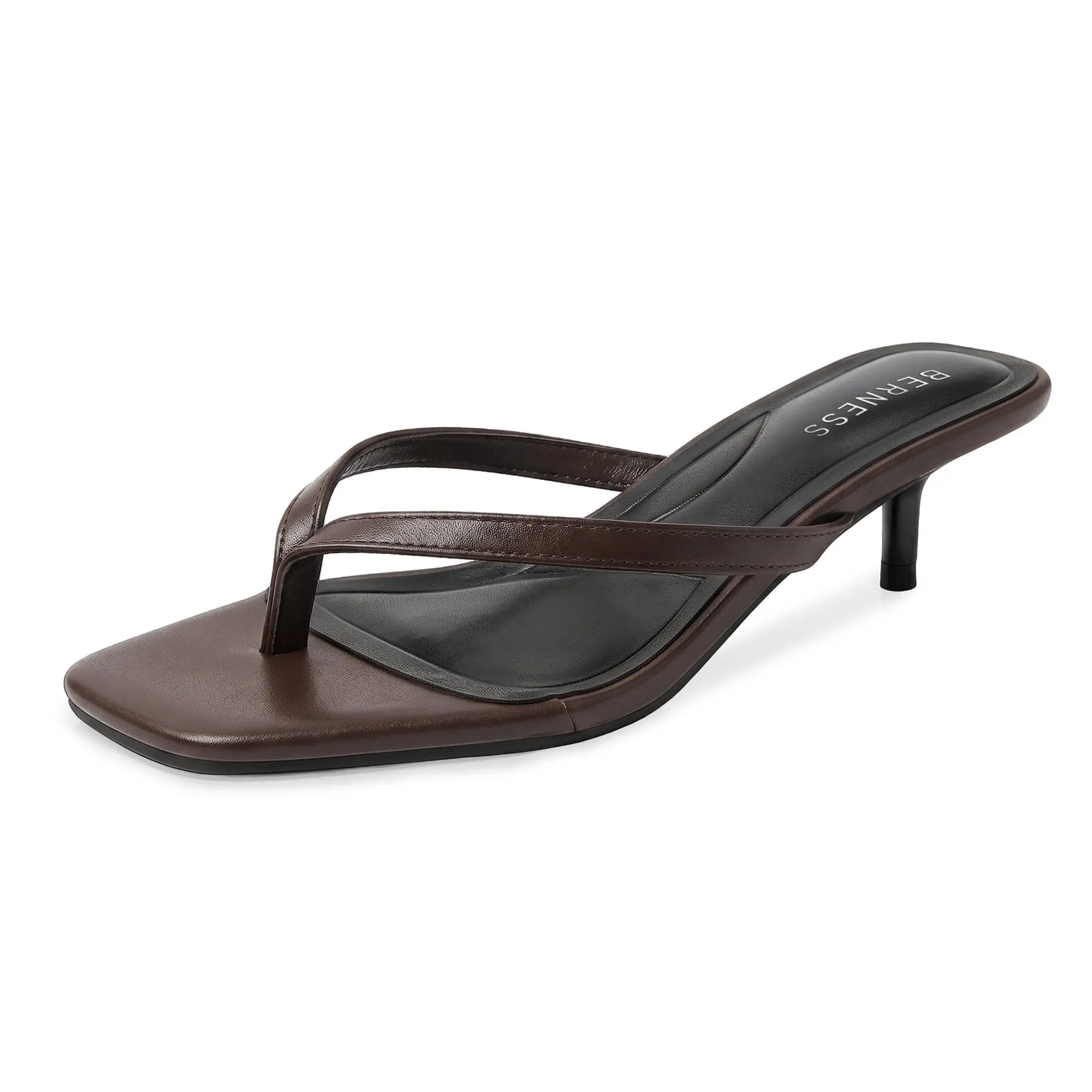 BERNESS Florella Women's Kitten Heels Thong Sandals - Brown PU Leather Backless Mule, Crisscross Straps, Square Toe, Classy Fashionable Leather Sandals with Memory Foam Comfortable Heels for Summer Dresses