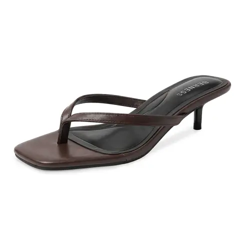 BERNESS Florella Women's 1.5-Inch Kitten Heel Thong Sandals - Brown PU Leather Backless Slip-On Mules, Crisscross Straps, Square Toe, Breathable Plain Memory Foam Footwear, Fashionable Comfy Sandals for Women Summer Dresses, 1.5" Kitten Lift Shoes