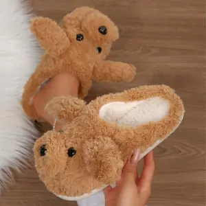Women's Cute Cartoon Dog Slippers Fleece Plush Winter Warm Anti-Slip Bedroom House Shoes Indoor Outdoor Mini Snow Boots