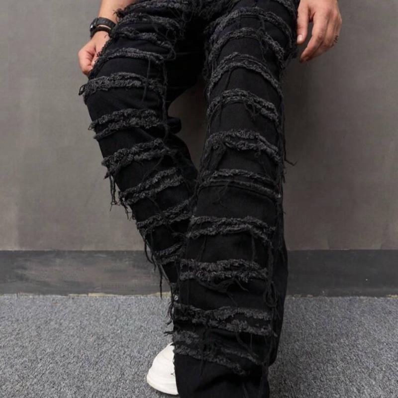 Men's Black Distressed Ripped Jeans - Slim Fit Denim Pants for Casual Wear