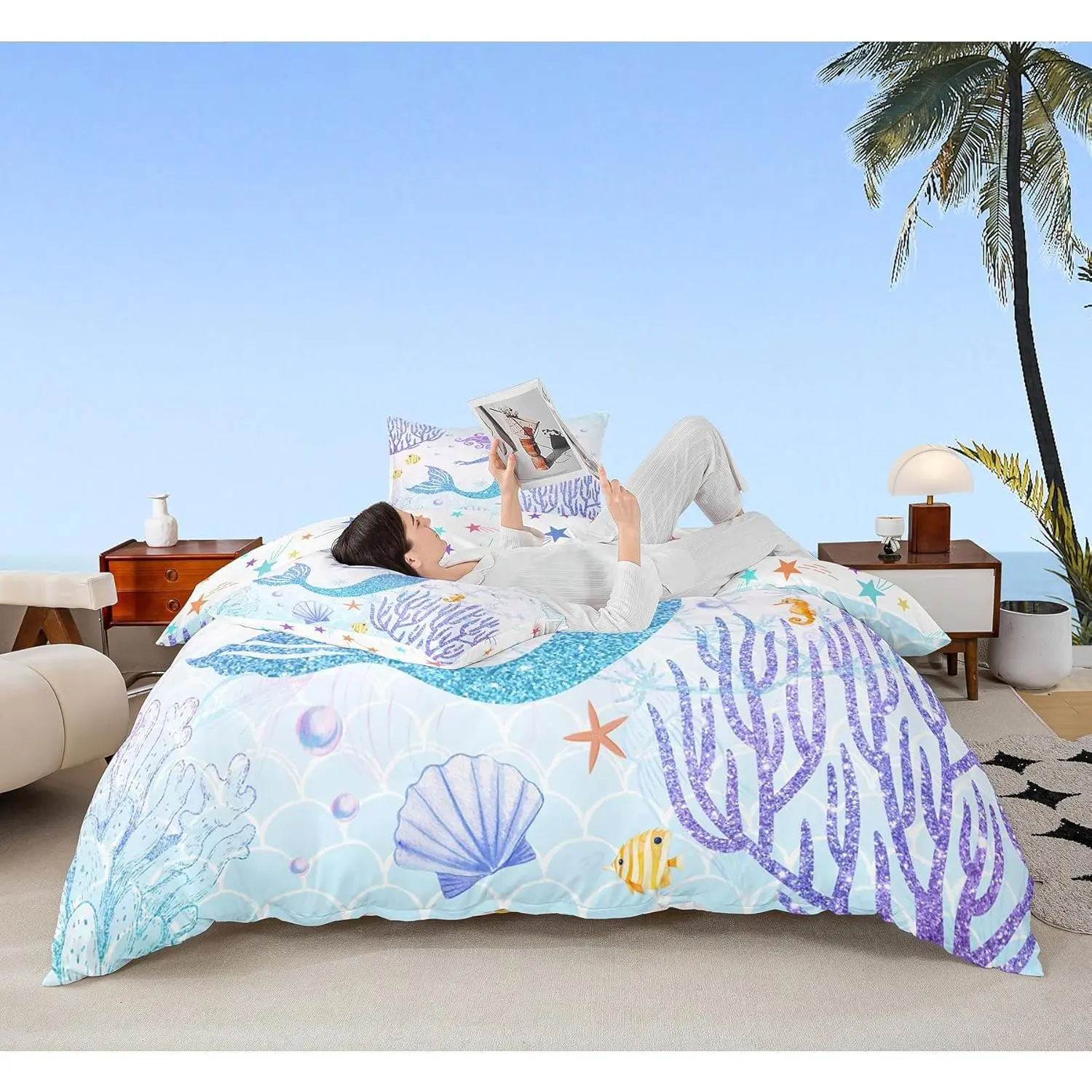Mermaid Duvet Cover Set Rainbow Watercolor Glitter Bedding Set Women Room Decor,Mermaid Fish Scale Comforter Cover Ocean Coral Shell Quilt Cover