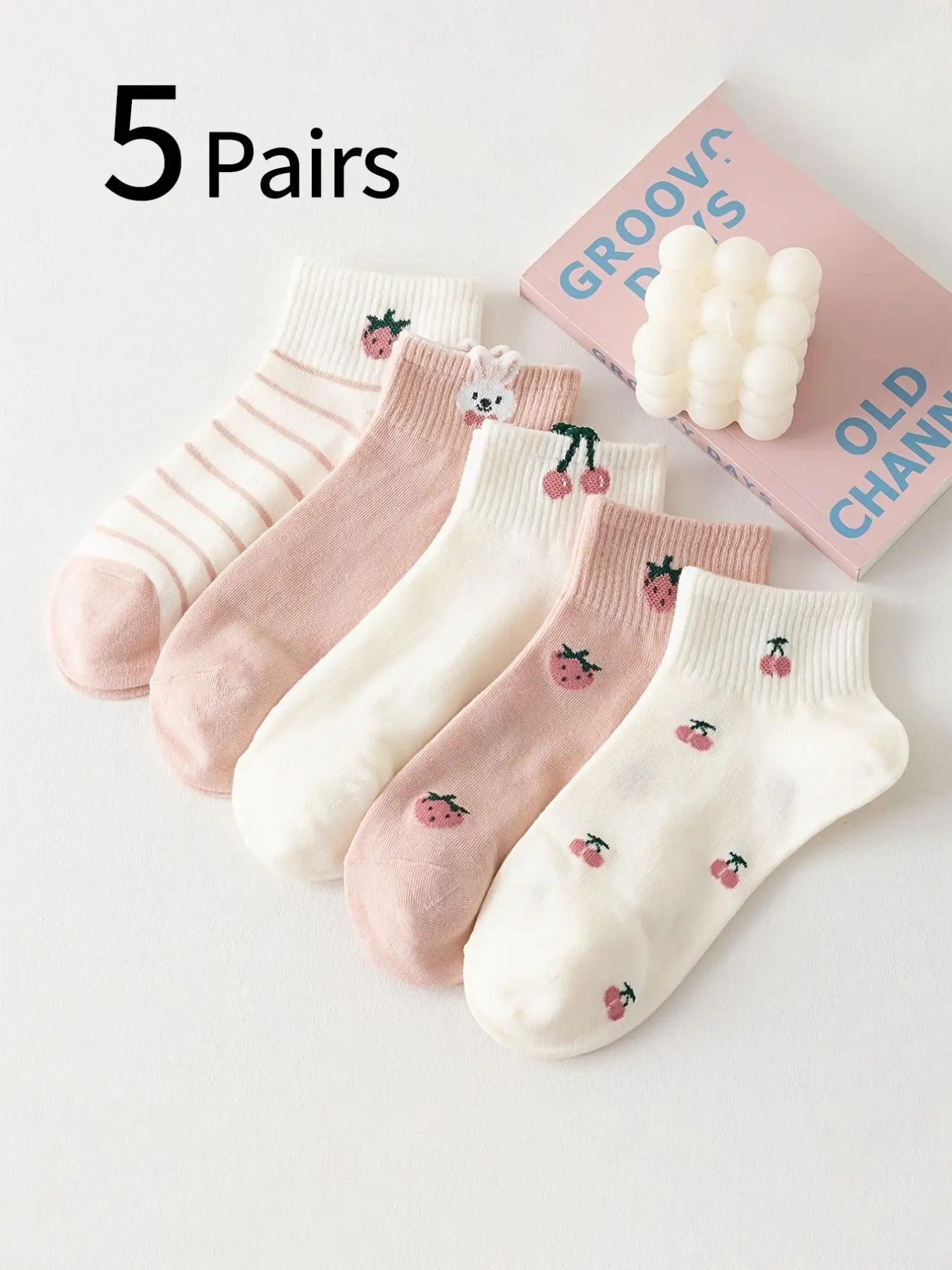 5 Pairs Women's Ankle Socks, Cute Bunny Strawberry Cherry Cartoon Print, Casual Fitted Low Top, Spring Summer Striped Short Socks