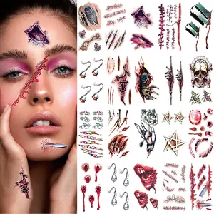 20 Pcs Halloween Fake Scar Temporary Tattoos Zombie Vampire Makeup Kit for Halloween Cosplay Party Women Men,Realistic Horror Fake Bloody Wound & Waterproof Scary Stitches Tattoo Cut Stickers Face Paint Cosmetic