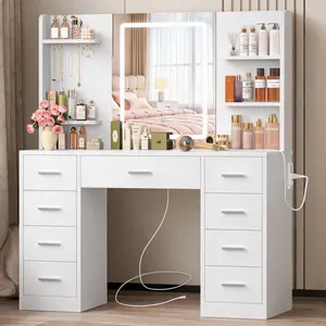 White Large Makeup Vanity Desk with Smart LED Mirror & Power Station, 43" Dressing Table with 9 Drawers, 6 Open Shelves  for Bedroom summergarden