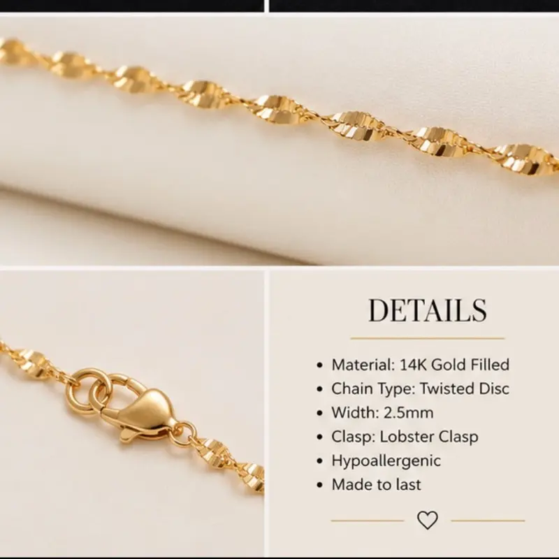 14k Gold Filled Twisted Gild Chain, 2.5m Length