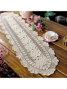 Cotton lace Table Oval Tablecloth Doilies Doily Table Dresser Scarf Décor,12x35Inch,Beige