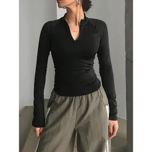 Women's Solid Half Zip Mock Neck Tee, Casual Fit Long Sleeve T-shirt for Daily Wear, Ladies Clothes for All Seasons, Sports Casual Wear, Athletic Workout Clothing, Casual Sports Top