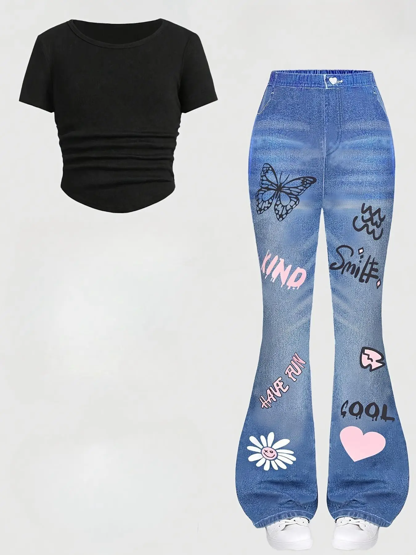 Toddler Girl's Solid Color Tee & Denim-effect Print Flare Leg Pants Two-piece Set, Casual Fashion Cozy Round Neck Top & Trousers for Daily Outdoor Wea