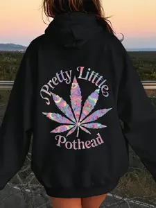 Autumn Winter Pretty Little Pothead Leaf Print Hoodie, Casual Long Sleeve Drawstring Women's Hooded Sweatshirt, Fitted Letter Pattern, Womenswear