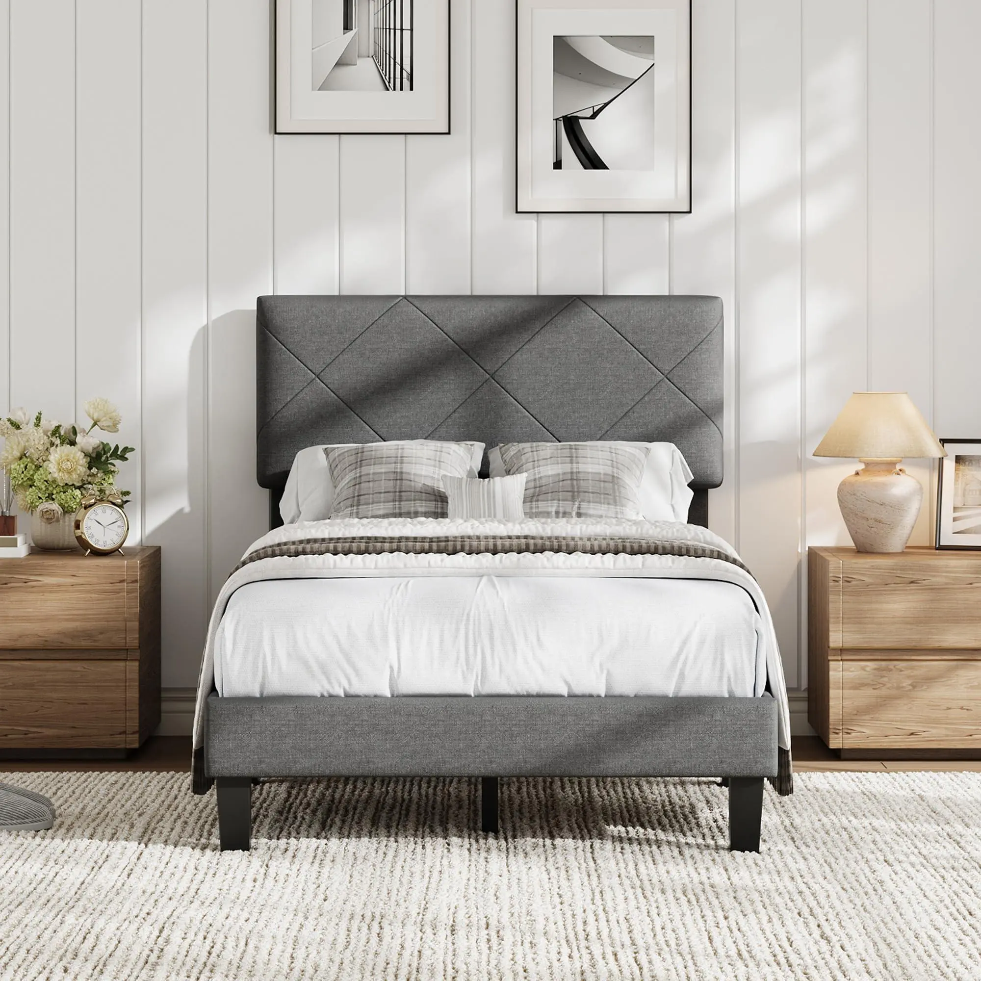 Gaomon Twin Size Diamond Tufted Headboard Bed Frame - Modern Nordic Style, Breathable Fabric, Firm Slat Base, Heavy Duty, Metal Beam Support, Noise-Free, No Box Spring Needed, Quick Setup, Grey