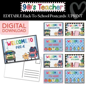 Printable Retro Editable Back-to-School Postcards | 90s Teacher