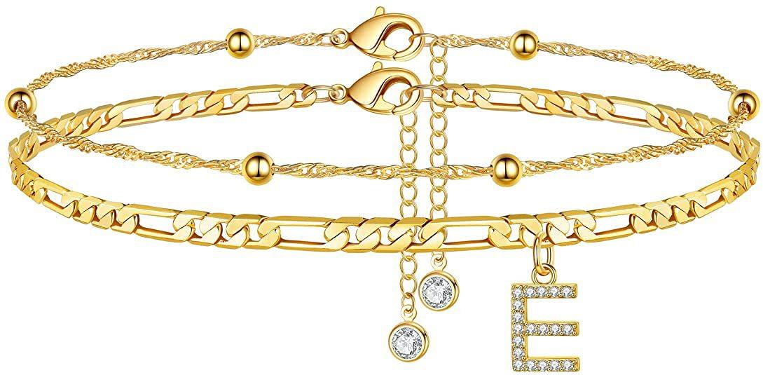 Popular 26-letter zirconia anklet, simple and stylish beaded Cuban double-layer anklet