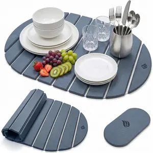2 count Large Stone Dish Drying Mat for Kitchen Counter, "24 x 16" Stones Mat for Kitchen Counter - Foldable Water Absorbing Diatomaceous Earth Drying Mat "8 x 4" for Dishes, Cups & Bottles (Dark Gray)