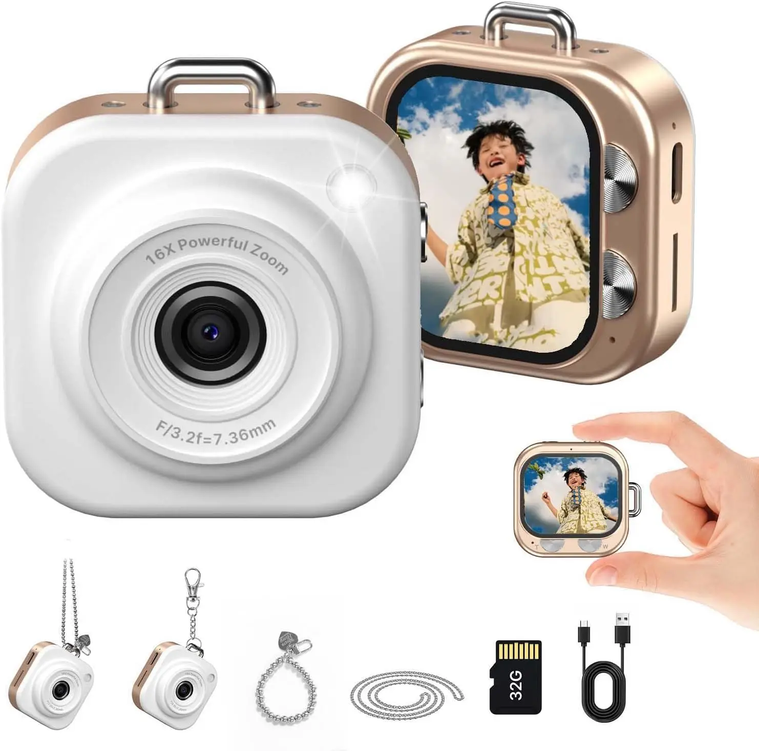 Mini Keychain Digital Camera,1080p Mini Camera Keychain with 32GB Card,Small Cameras for Photography with 750mAh Battery,Pocket-Size Keychain Camera with Chain for Vlog, Party,Travel (Gold)