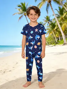 Boys' Shark Pattern Short Sleeve Long Pants Pajama Set, Casual Fitted Sleepwear, 2 Piece Home Wear, Cartoon Style, Cartoon Print Pajama