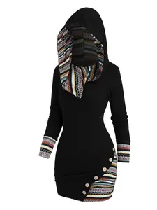 Women's Ethnic Pattern Patchwork Button Decor Hooded Dress, Casual Long Sleeve Bodycon for Daily Outdoor Wear, Women Knitwear Fall, Essential, Versatile, Viral Fashion, Summer Staple, Seasonal, Travel Outfit