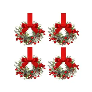 4pack Mini Christmas Wreath with Berries, Pinecones, Ribbon Bow, Realistic Leaves, Easy Hang, Farmhouse Decor, Fireplace Mantel, Party, Artificial Flower Wreath