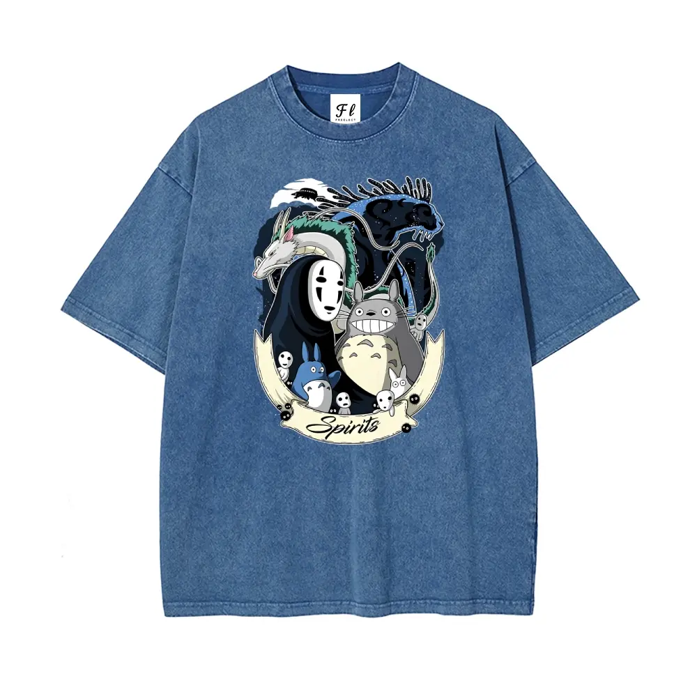 Menswear Retro Cotton Fabric Graphic T-Shirt, Ghibli Spirits Multi-Character Totoro & No-Face Man Cartoon Pattern Washed Casual Top