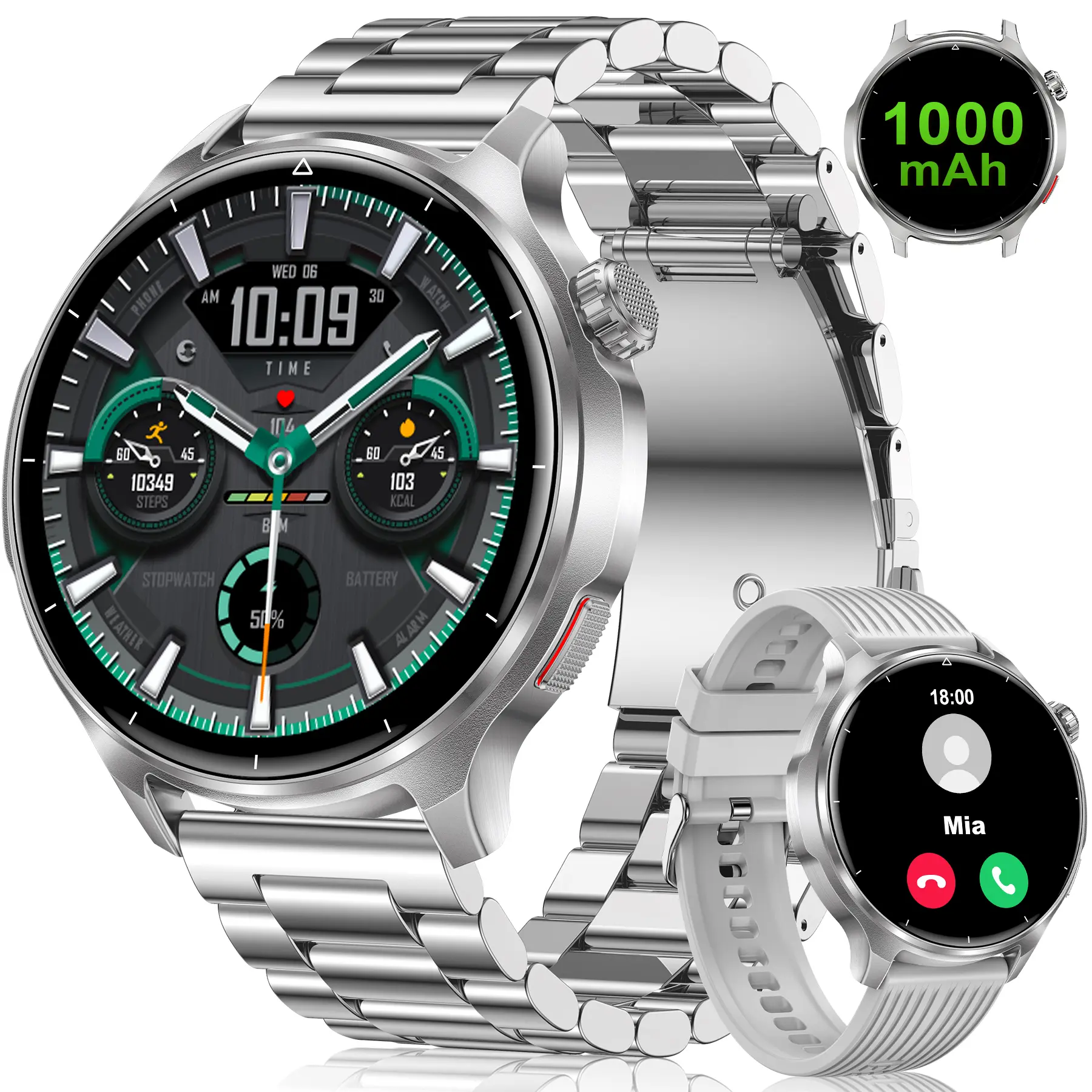 Smart Watch for Men, 1000mAh Battery, 1.52'' HD Large Display, Heart Rate/ SpO₂/Stress/Sleep Monitoring, 120+ Sports Modes, IP68 Waterproof, Fitness Watch for Android iOS, 2 Bands, Silver